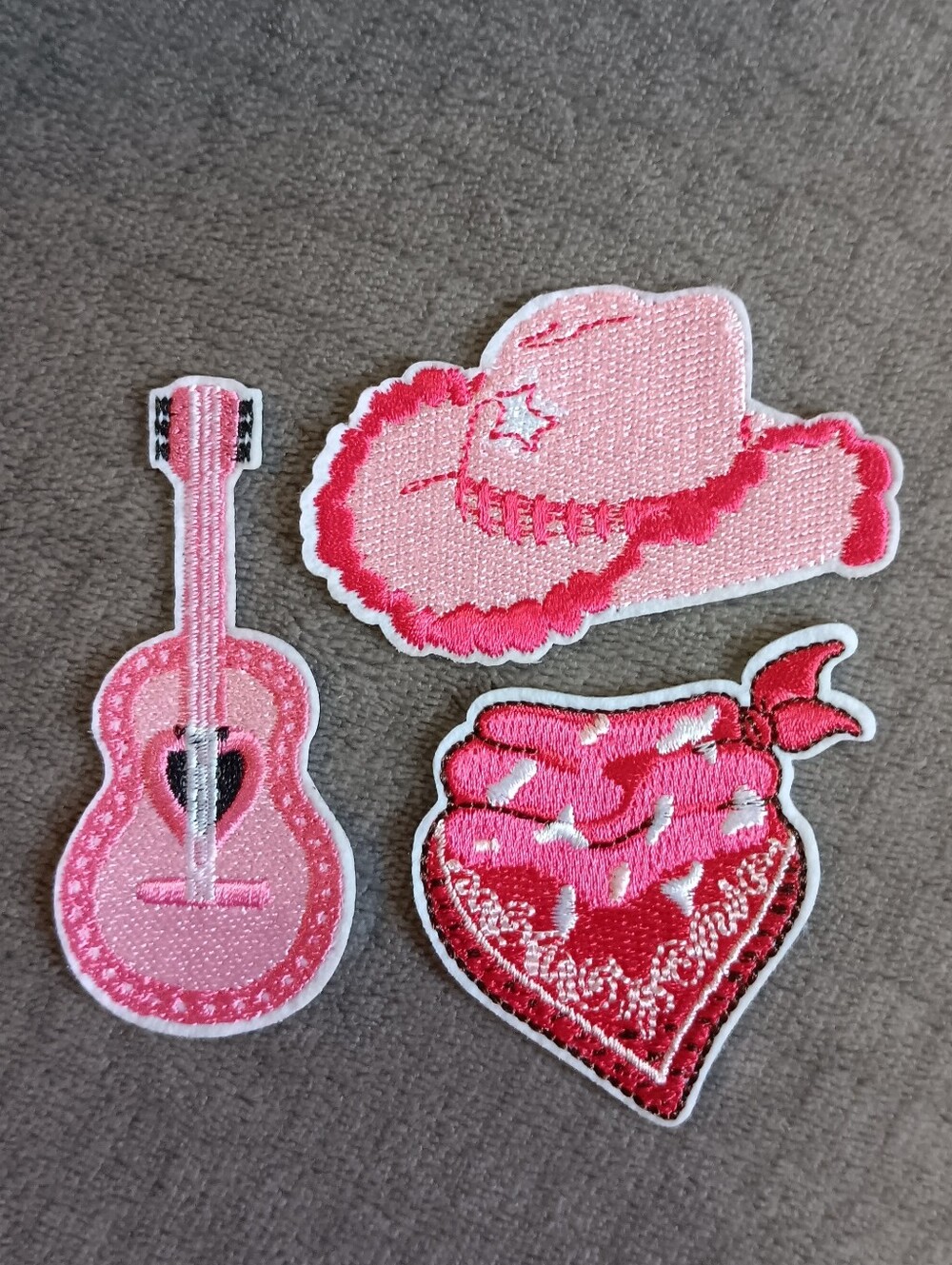 Pink Cowgirl Hat, Guitar & Bandana Iron-On Patch Set, Kawaii Western Girl